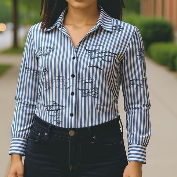 Chico’s - NWT- HI/Lo,  Long Sleeve Blue White Stripe Print Peplum Shirt, Size- 1 - Picture 1 of 13